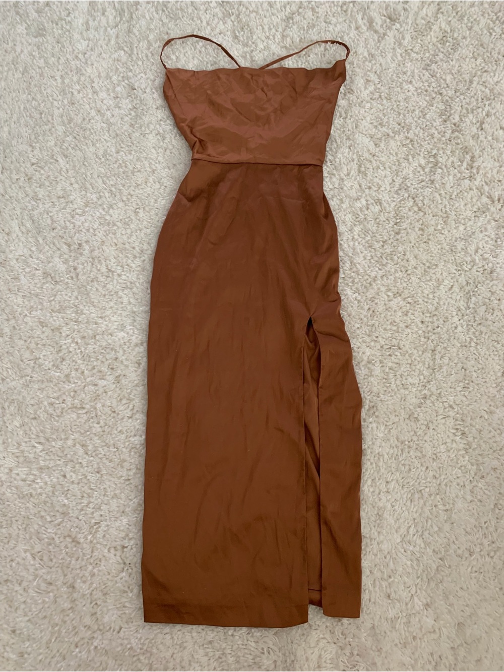 Fashion Nova Rust Brown Satin Midi Slip Dress